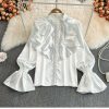 Bell Sleeve Stand Collar Acetate Satin Shirt French Style Design Loose Top For Women