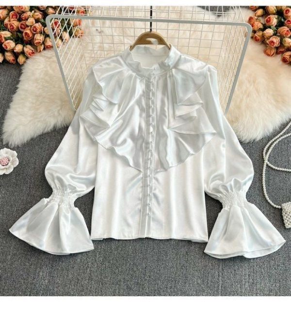 0ad5cb1d-8de3-49ac-9a8b-6f8b0db2b465 Bell Sleeve Stand Collar Acetate Satin Shirt French Style Design Loose Top For Women