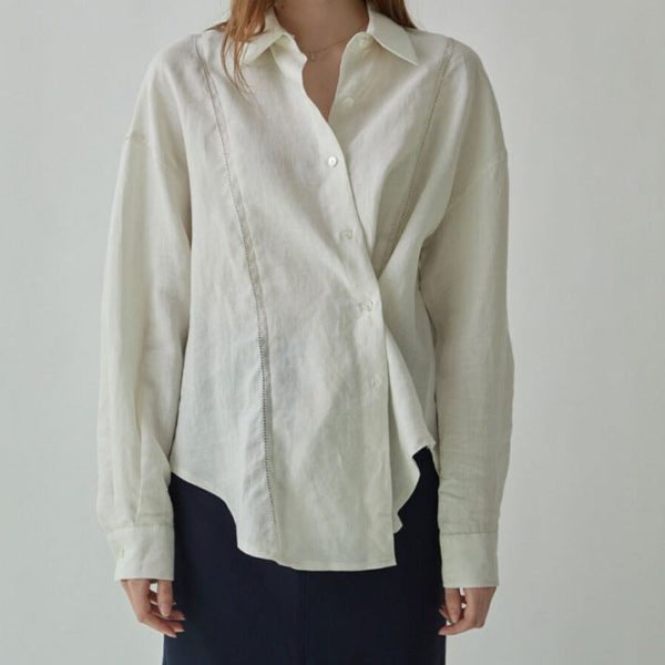 Linen Shirt French Hollow Embroidered Loose Long Sleeve Blouse