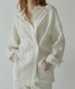 Linen Shirt French Hollow Embroidered Loose Long Sleeve Blouse