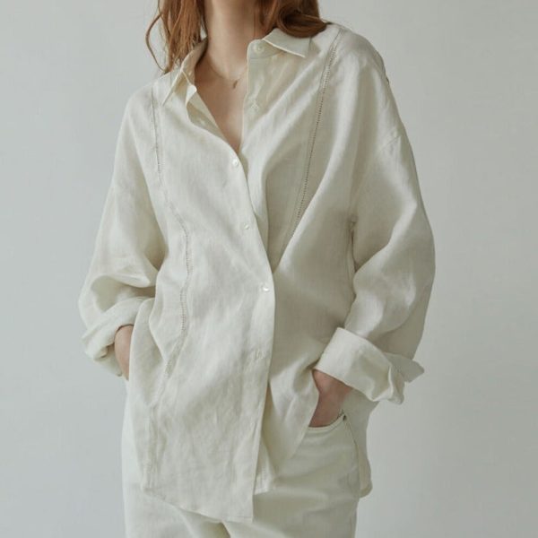 Linen Shirt French Hollow Embroidered Loose Long Sleeve Blouse