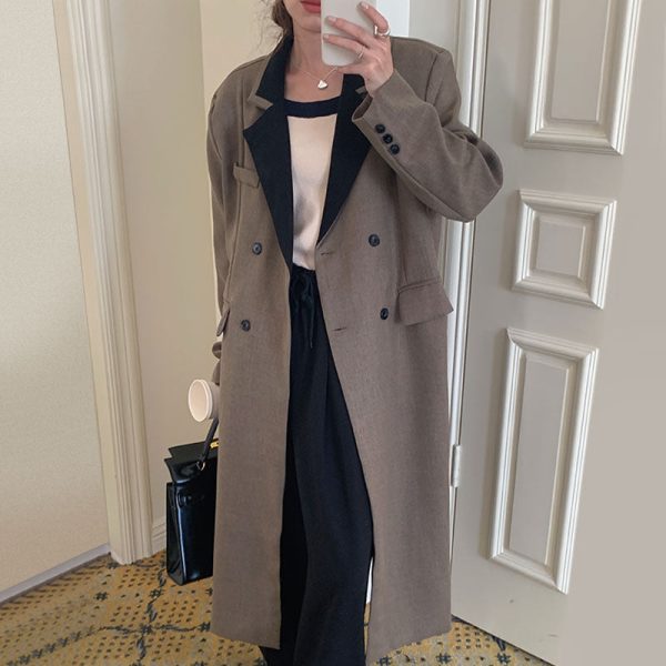 4bdda049-e0ba-4e10-bdb0-518f67062f3f Temperament Simple Contrast Lapel Double Breasted Jacket