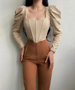 Collar Pure Desire Long Sleeve Sexy Puff Sleeve Fishbone Waist Short Top