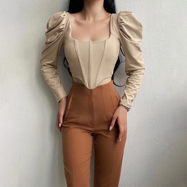 4ead9a80-1a50-4fb0-ac7f-91c79d958059 Collar Pure Desire Long Sleeve Sexy Puff Sleeve Fishbone Waist Short Top