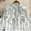 Bell Sleeve Stand Collar Acetate Satin Shirt French Style Design Loose Top For Women