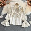 Bell Sleeve Stand Collar Acetate Satin Shirt French Style Design Loose Top For Women