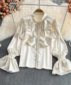 Bell Sleeve Stand Collar Acetate Satin Shirt French Style Design Loose Top For Women