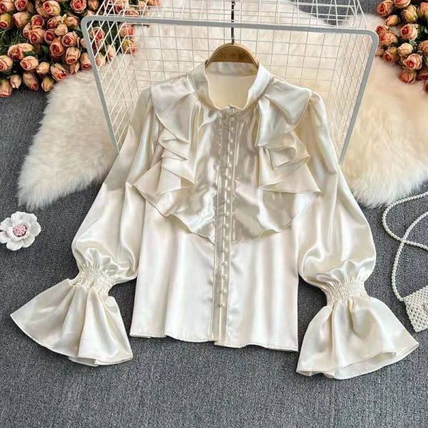 6d15ab38-6989-4c48-9b37-4221bd6f83c9 Bell Sleeve Stand Collar Acetate Satin Shirt French Style Design Loose Top For Women