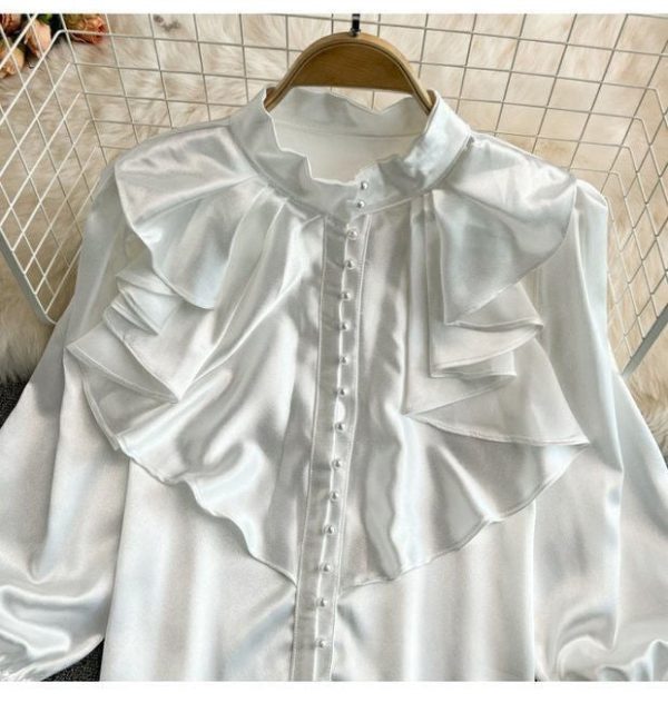 73700d03-a256-4d0b-b51e-86c83126a606 Bell Sleeve Stand Collar Acetate Satin Shirt French Style Design Loose Top For Women
