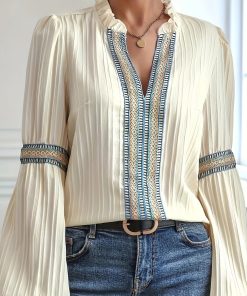 Simple Plain Lace V-neck Patchwork Shirt