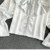 Bell Sleeve Stand Collar Acetate Satin Shirt French Style Design Loose Top For Women