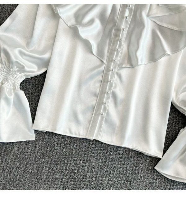 968b914b-dae8-413b-a98b-be0ab5c862cd Bell Sleeve Stand Collar Acetate Satin Shirt French Style Design Loose Top For Women