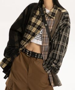 Women's Patchwork Plaid Long-sleeved Shirt Coat