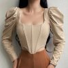 Collar Pure Desire Long Sleeve Sexy Puff Sleeve Fishbone Waist Short Top