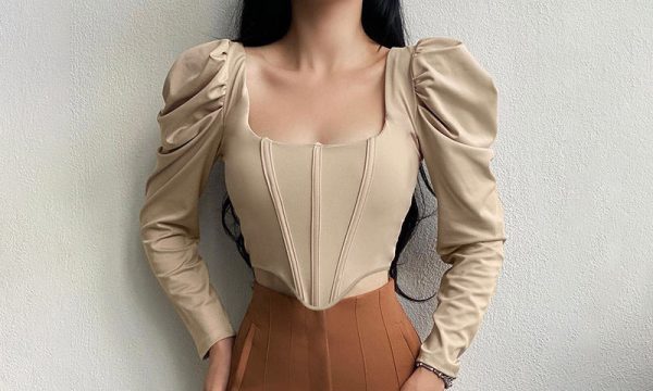 a32e06f3-ccd2-4c25-a4c1-1be4eb5e8ead Collar Pure Desire Long Sleeve Sexy Puff Sleeve Fishbone Waist Short Top