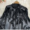 Bell Sleeve Stand Collar Acetate Satin Shirt French Style Design Loose Top For Women