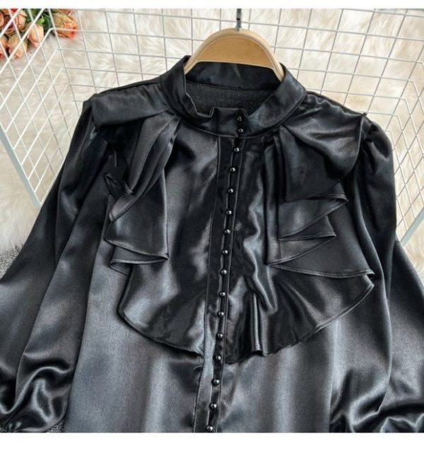 b7d7f60b-2941-4f51-8cee-f73217ea4c58 Bell Sleeve Stand Collar Acetate Satin Shirt French Style Design Loose Top For Women