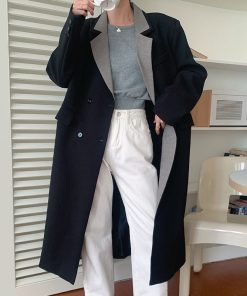 Temperament Simple Contrast Lapel Double Breasted Jacket