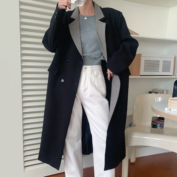 ba070ab2-3c62-4382-ad8d-6daf5d5c04dc Temperament Simple Contrast Lapel Double Breasted Jacket