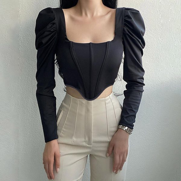 cb088e39-75e6-4216-8f90-5f92ef7fbf30 Collar Pure Desire Long Sleeve Sexy Puff Sleeve Fishbone Waist Short Top