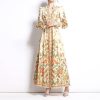Ethnic Print Handmade Bag Buckle Embellished Comfortable Breathable Long Sleeves Slim Fit Long Dress Autumn