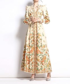 Ethnic Print Handmade Bag Buckle Embellished Comfortable Breathable Long Sleeves Slim Fit Long Dress Autumn