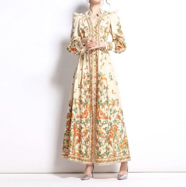 57bfd35d-9f52-4c11-8570-113e4883c147 Ethnic Print Handmade Bag Buckle Embellished Comfortable Breathable Long Sleeves Slim Fit Long Dress Autumn