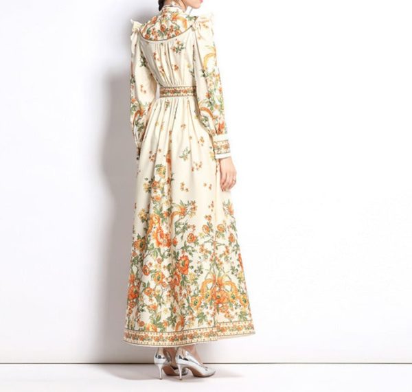 6fb351cf-67b1-40dc-8680-4ec65bb3a5cd Ethnic Print Handmade Bag Buckle Embellished Comfortable Breathable Long Sleeves Slim Fit Long Dress Autumn