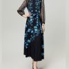 Peacock Blue Flower Front Piece Heavy Industry Manual Bead Long Sleeve Dress