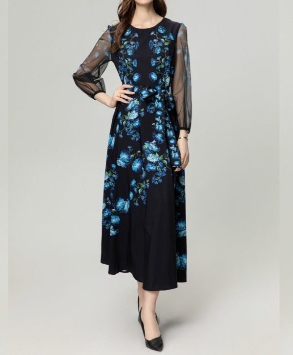 91130066-3f52-4491-bdaa-30c1c71a9476 Peacock Blue Flower Front Piece Heavy Industry Manual Bead Long Sleeve Dress