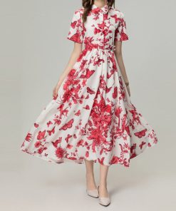 Four-sided Elastic Flower Butterfly Print Dress
