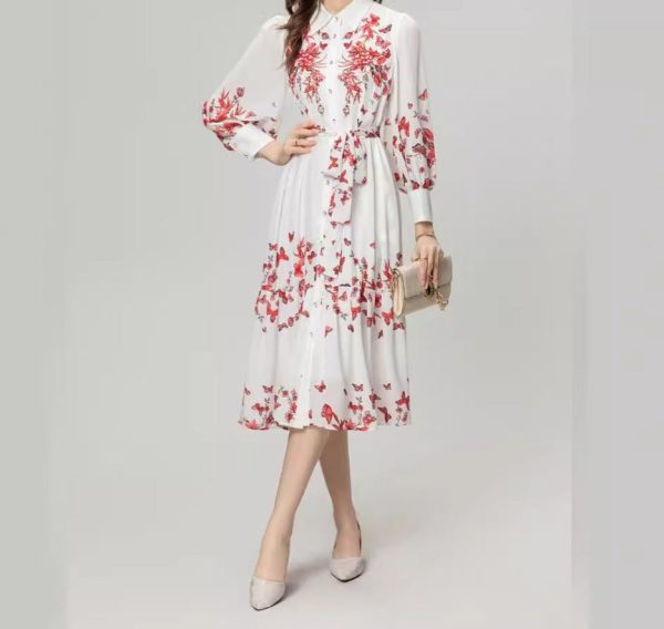 O1CN01JOrmKu1pBWnyMMPq6__2460145322-0-cib Heavy Industry Beads Printed Flowers On Chest Lace-up Long Sleeve Dress