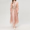 Embroidery Flower Sequin Gauze Wide Hem Long Sleeve Dress