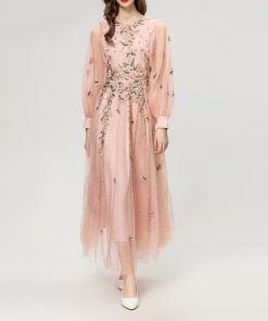 Embroidery Flower Sequin Gauze Wide Hem Long Sleeve Dress