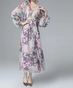 See-through Back Strap Chiffon Printed V-neck Long-sleeve Dress