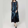Peacock Blue Flower Front Piece Heavy Industry Manual Bead Long Sleeve Dress