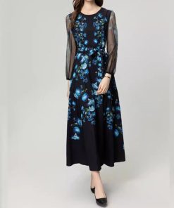 Peacock Blue Flower Front Piece Heavy Industry Manual Bead Long Sleeve Dress