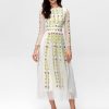 Mesh Embroidery Large Skirt Waist-controlled Long Sleeves Dress