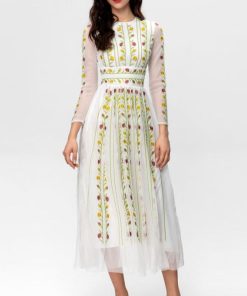 Mesh Embroidery Large Skirt Waist-controlled Long Sleeves Dress