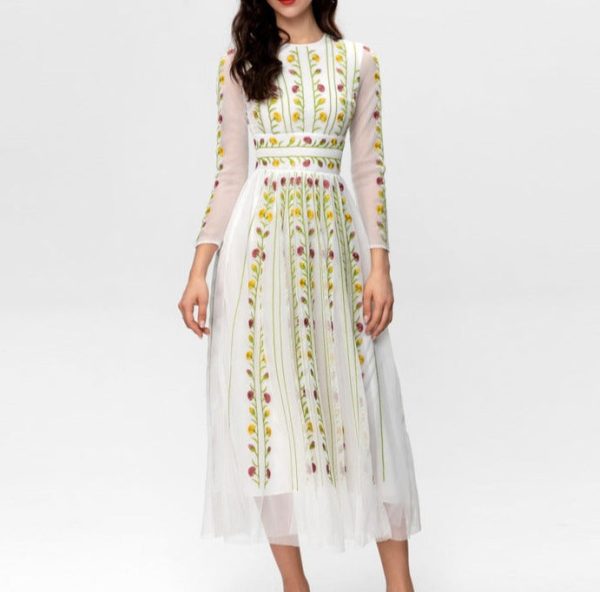 O1CN01pF3jZD1pBWfmbMfZ8__2460145322-0-cib Mesh Embroidery Large Skirt Waist-controlled Long Sleeves Dress