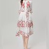 Heavy Industry Beads Printed Flowers On Chest Lace-up Long Sleeve Dress