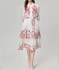 Heavy Industry Beads Printed Flowers On Chest Lace-up Long Sleeve Dress