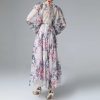 See-through Back Strap Chiffon Printed V-neck Long-sleeve Dress