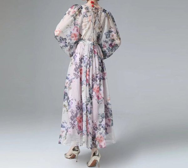 O1CN01sdDS1T1pBWc57ZX6k__2460145322-0-cib See-through Back Strap Chiffon Printed V-neck Long-sleeve Dress