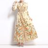 Ethnic Print Handmade Bag Buckle Embellished Comfortable Breathable Long Sleeves Slim Fit Long Dress Autumn