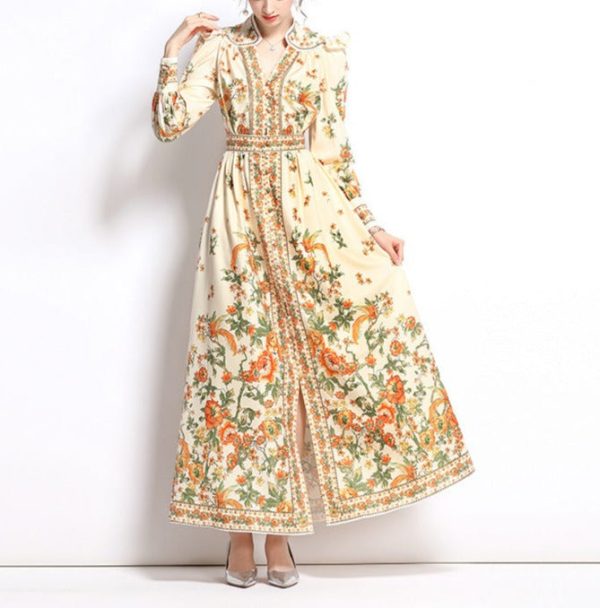 e2464338-b540-4d3b-a8af-1a11dbc86dc1 Ethnic Print Handmade Bag Buckle Embellished Comfortable Breathable Long Sleeves Slim Fit Long Dress Autumn